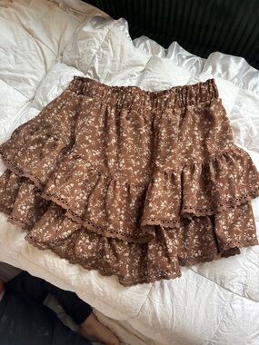 Amazon Brown Floral Ruffle Mini Skirt
